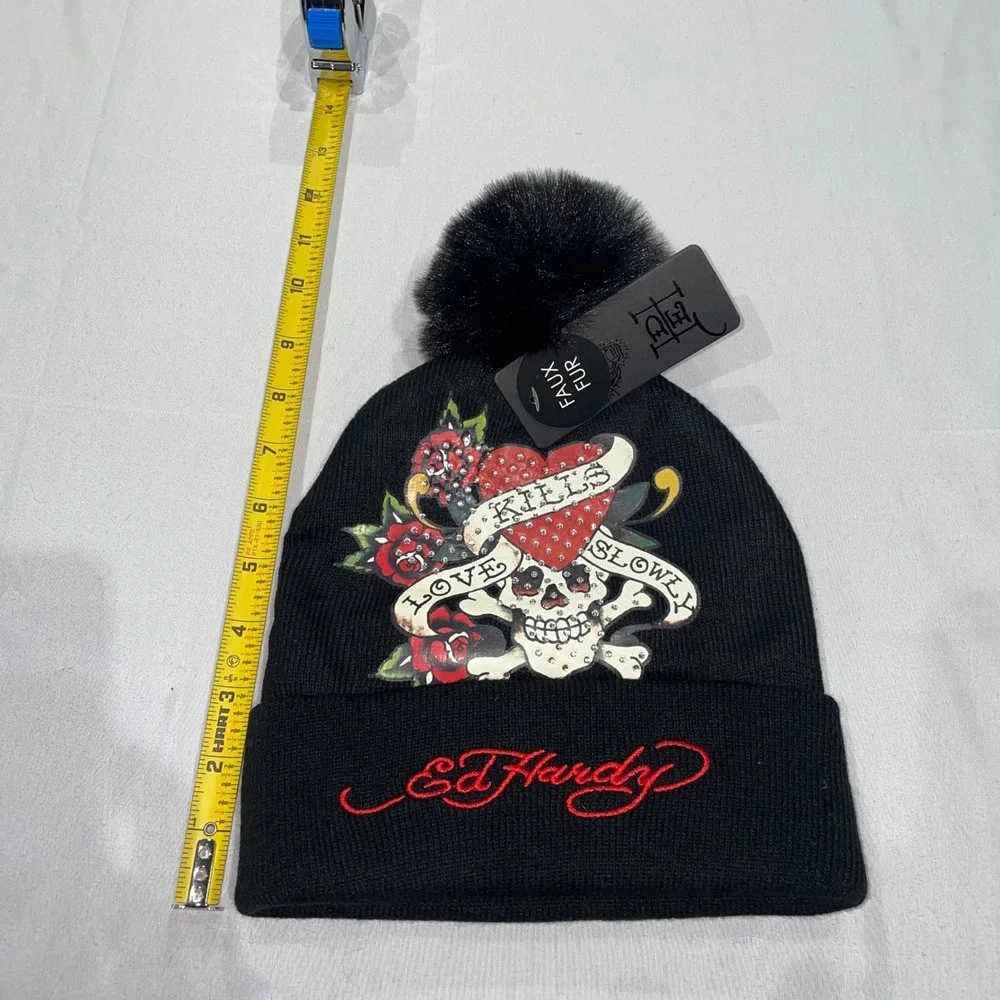 Ed Hardy Love Kills Slowly Black Rhinestone Beanie Faux Fur Pom Hat NWT